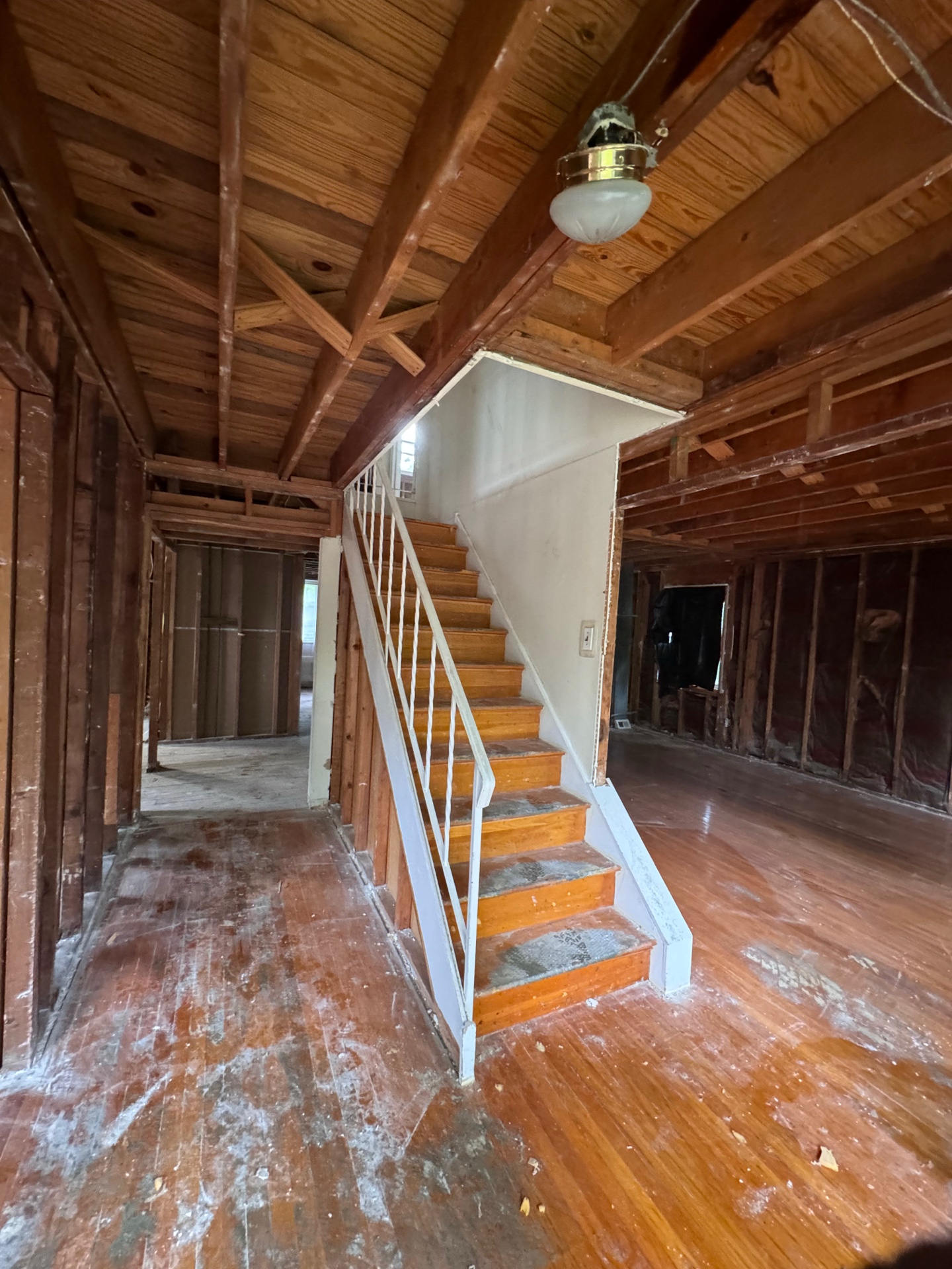 Complete drywall removal in Blue Bell showing exposed studs and framing